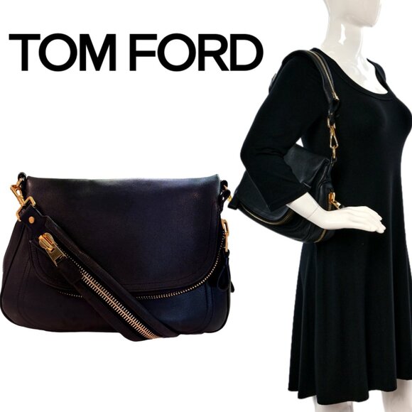 Retired  Tom Ford Jennifer Large Double Zip Shoulder Bag Black Grained Leather - Picture 2 of 16